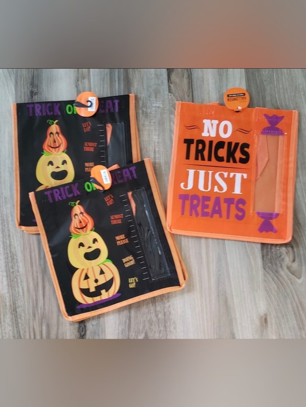 3 NEW Trick or Treat Bags. Halloween Tote. Orange, Pumpkin. See Thru Candy Gauge